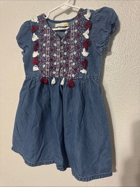 Sweet Magnolia Girls Boho Embroidered Denim Tassel Dress 4Y